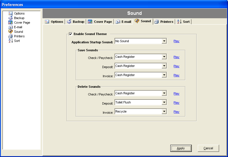 FarmBooks Preferences window showing the Sound tab selected