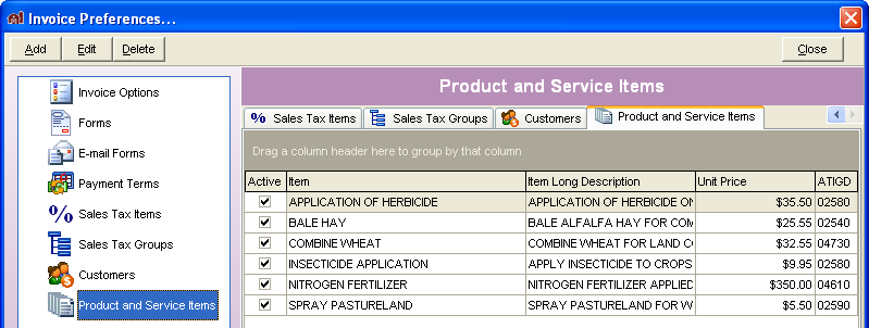 FarmBooks Product and Service Items screen