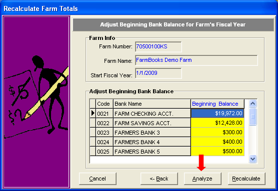 FarmBooks Recalculate Farm Totals Wizard Step 3 - Adjust Beginning Balance for Farm's Fiscal Year