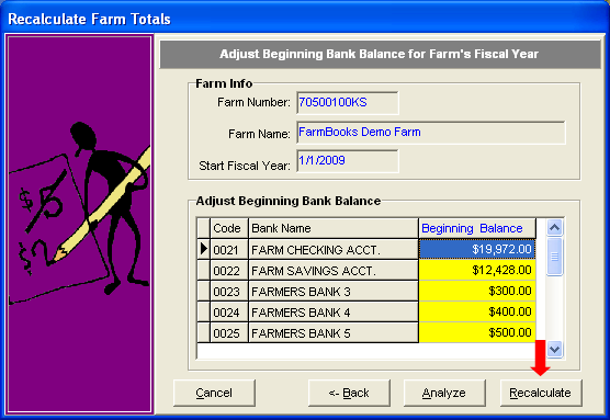 FarmBooks Recalculate Farm Totals Wizard Step 3 - Adjust Beginning Balance for Farm's Fiscal Year