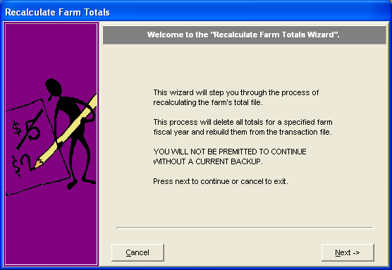 FarmBooks Recalculate Farm Totals Wizard start screen