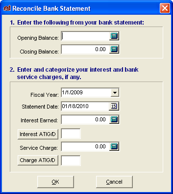 FarmBooks Reconcile Bank Statement window with opening and closing balance fields