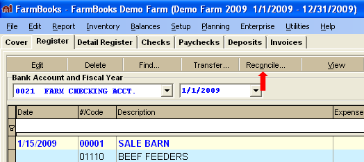 FarmBooks Register screen showing Reconcile button selected