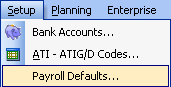 FarmBooks dropdown menu showing Setup Payroll Defaults option selected