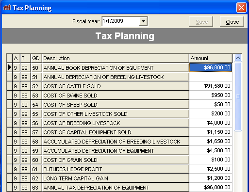 FarmBooks Tax Planning window