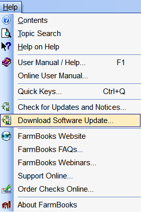 FarmBooks dropdown menu showing Download Software Update option selected