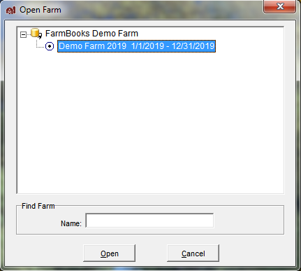 FarmBooks window showing open demo farm option selected