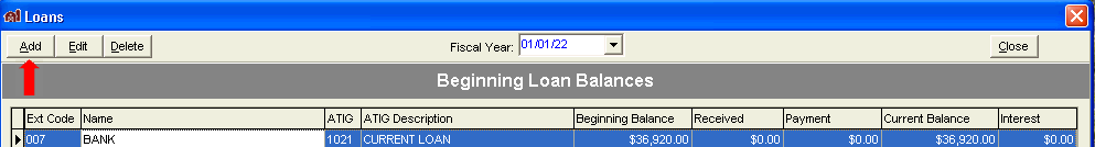 FarmBooks screenshot showing the Beginning Loan Balances window
