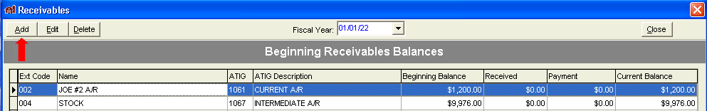 FarmBooks screenshot showing the Beginning Receivables Balances window