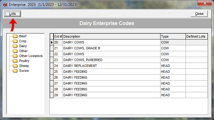 FarmBooks Dairy Enterprise Codes window
