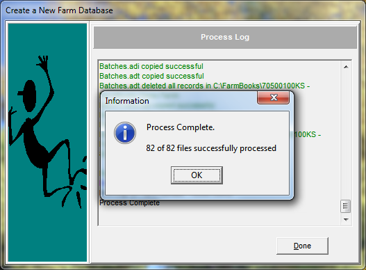 FarmBooks New Farm Wizard End screen showing Process Complete message