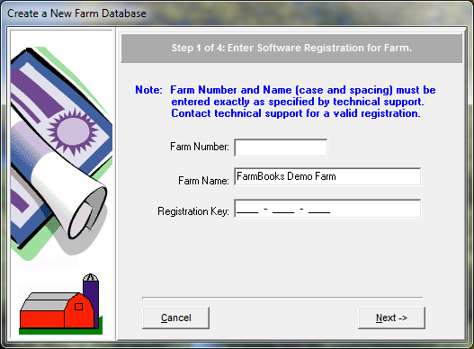 FarmBooks New Farm Wizard window: Step 1 Enter Farm Registration Key