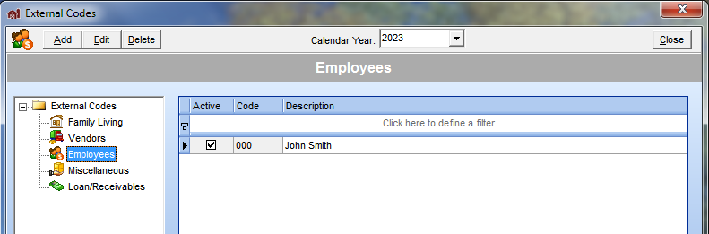 FarmBooks external codes window showing Employees highlighted