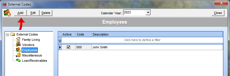 FarmBooks external codes window showing Employees highlighted and a red arrow pointing at the Add button