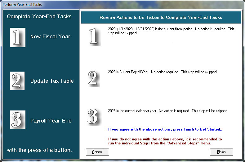 FarmBooks perform year end tasks window showing the 3 steps to be taken