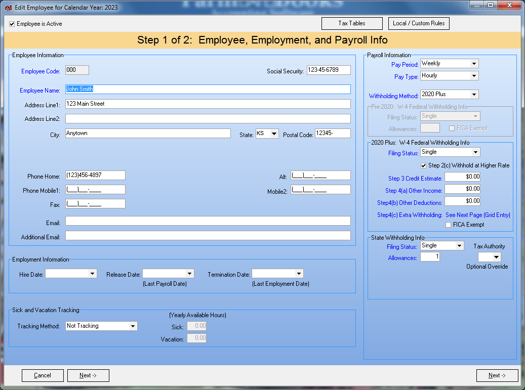FarmBooks edit employee for calendar year window showing detailed employee information