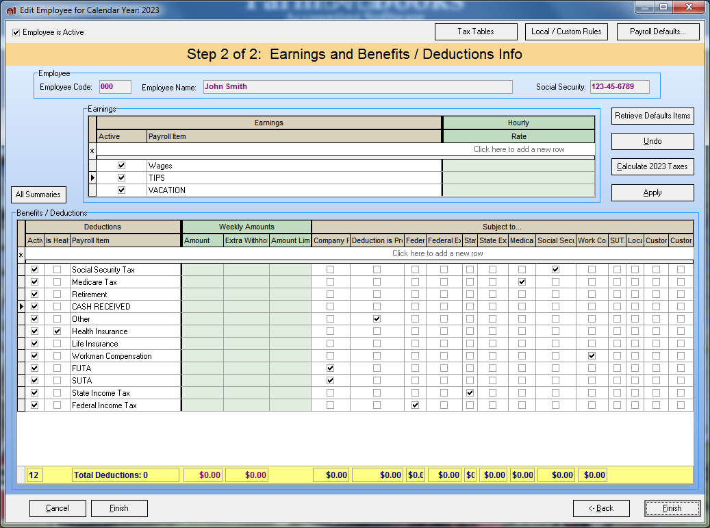 FarmBooks edit employee for calendar year window showing earnings, benefits and deductions info