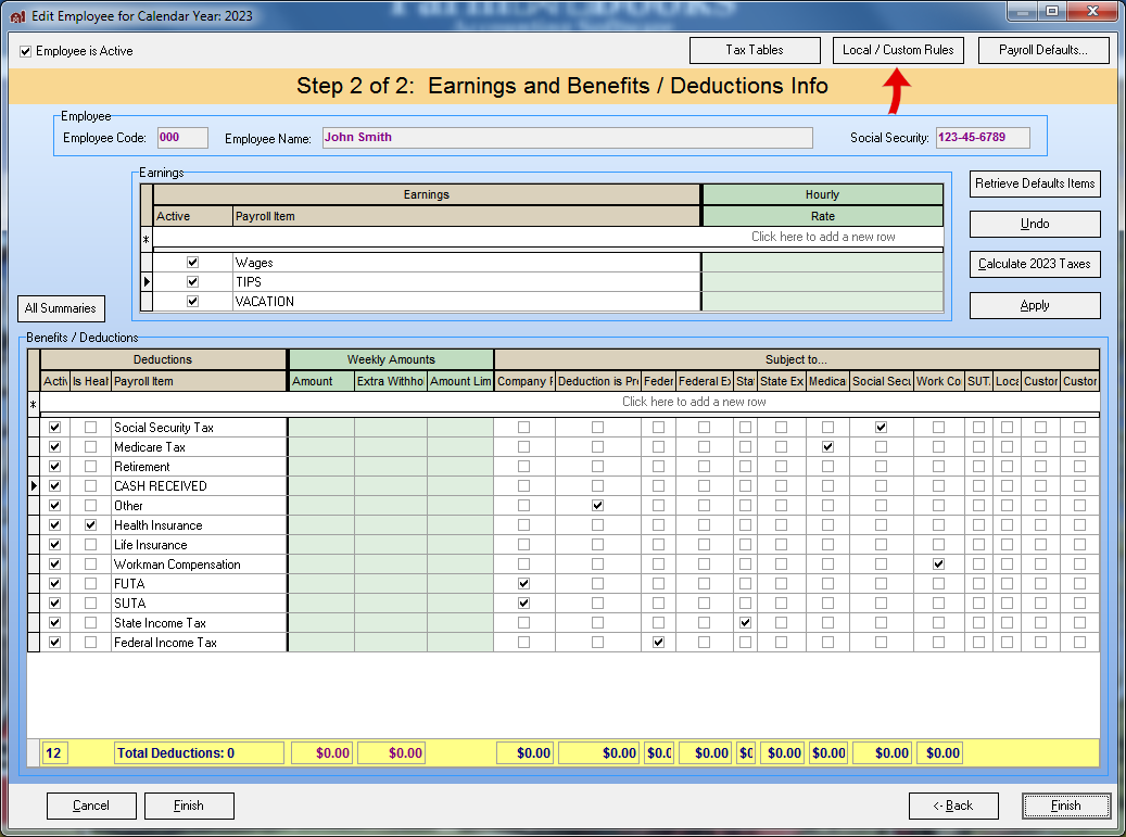 FarmBooks edit employee for calendar year window showing local custom rules button highlighted