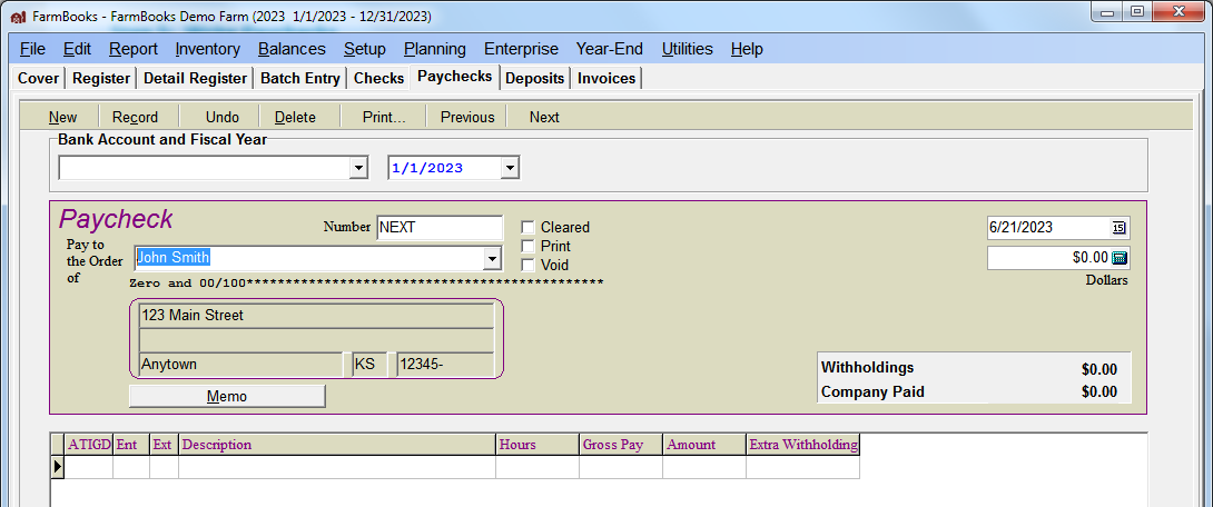 FarmBooks window with the Paychecks tab selected and the employee name highlighted