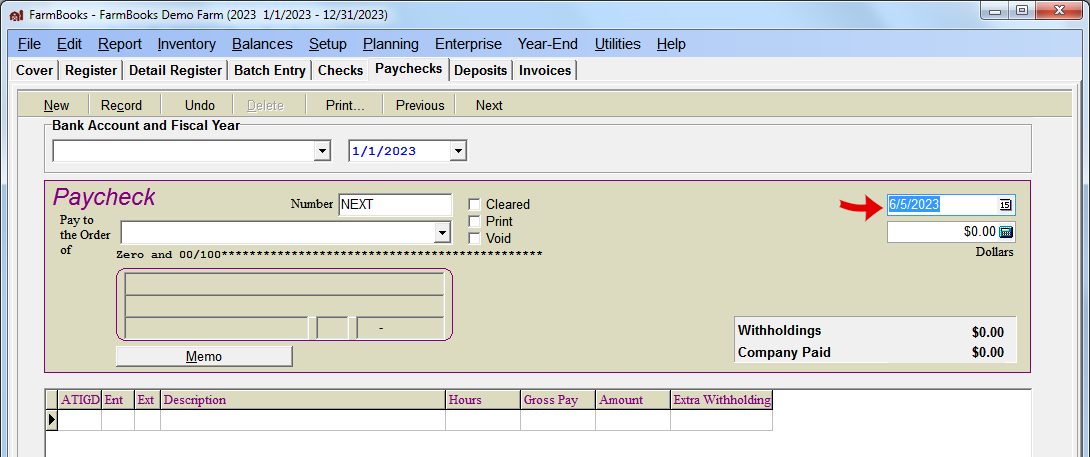 FarmBooks window with the Paychecks tab selected and a red arrow pointing to the date field