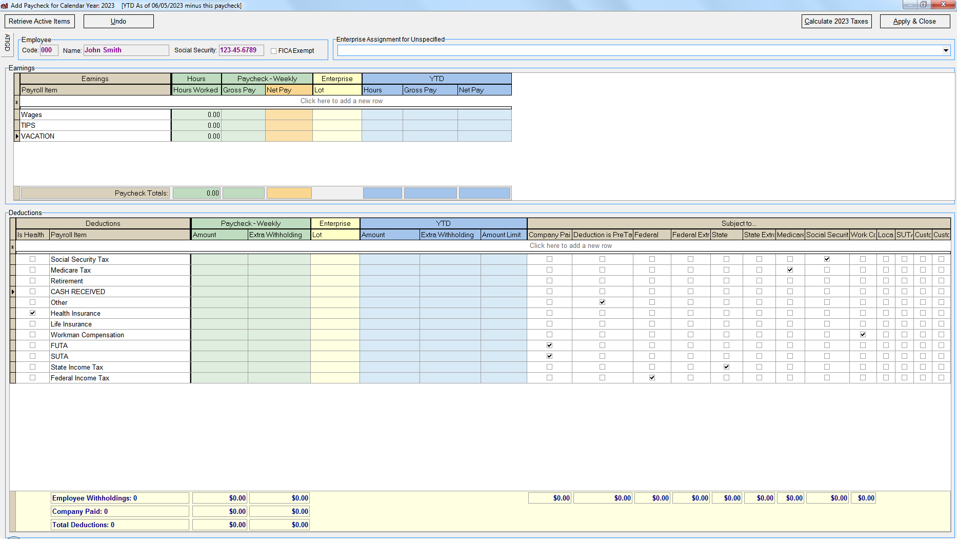 FarmBooks employee detail window showing detailed earnings and deductions for payroll