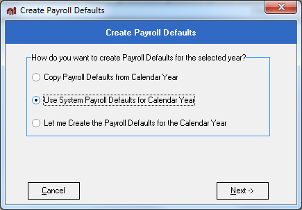 FarmBooks create payroll defaults screen with use system payroll defaults for calendar year selected