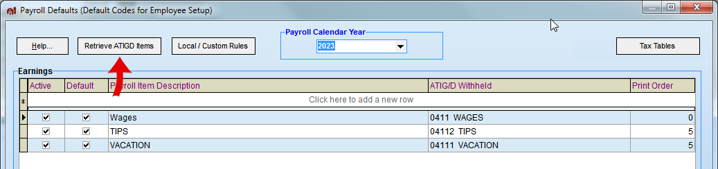 FarmBooks payroll defaults screen with the retrieve ATIGD items button selected
