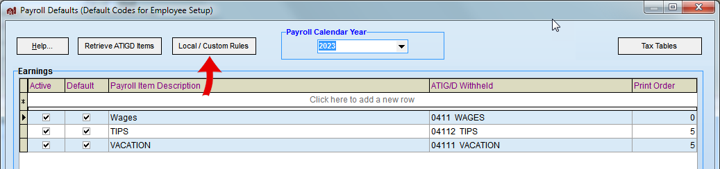 FarmBooks payroll defaults screen with the local custom rules button selected
