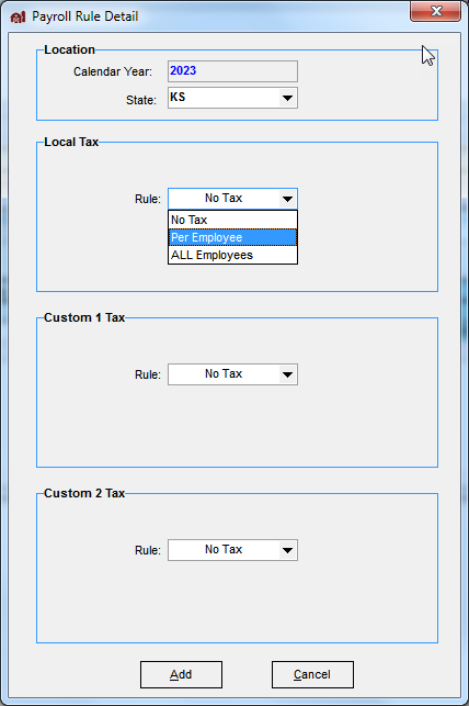 FarmBooks payroll rule detail screen showing local and custom tax rules for a selected year and state