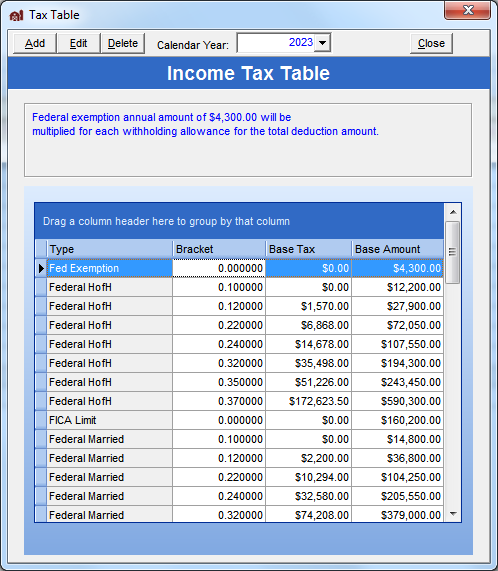 FarmBooks tax table screen showing a detailed list of tax rates for a selected year
