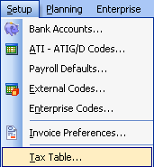 FarmBooks menu showing setup tax table highlighted