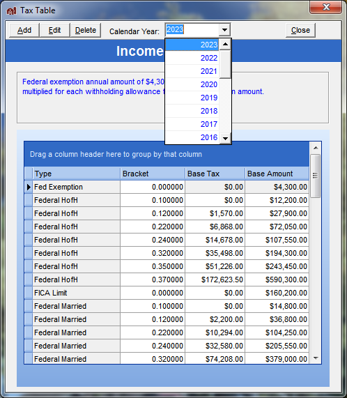 FarmBooks tax table window with the calendar year drop down menu highlighted